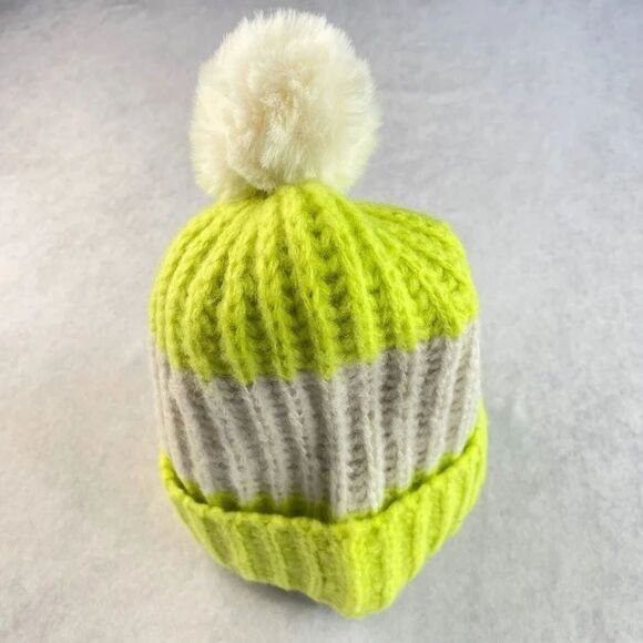 Apparis Oshin Beanie Kiwi Green Stripe Cream Pom Pom Recycled Knit Toboggan NEW! - Picture 3 of 8